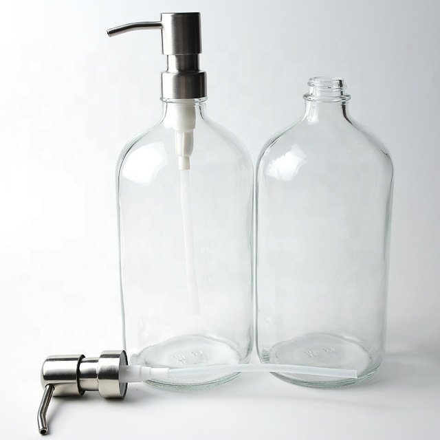 1000ml/32oz Clear Boston Round Glass Bottle with Stainless Steel Lotion Pump
