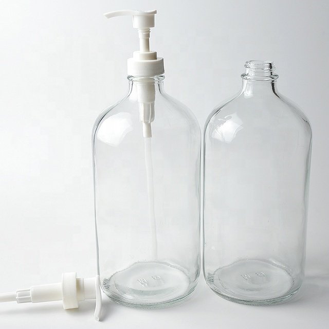 1000ml/32oz Clear Boston Round Glass Bottle with Stainless Steel Lotion Pump