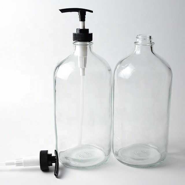 1000ml/32oz Clear Boston Round Glass Bottle with Stainless Steel Lotion Pump