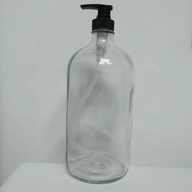 1000ml/32oz Clear Boston Round Glass Bottle with Stainless Steel Lotion Pump