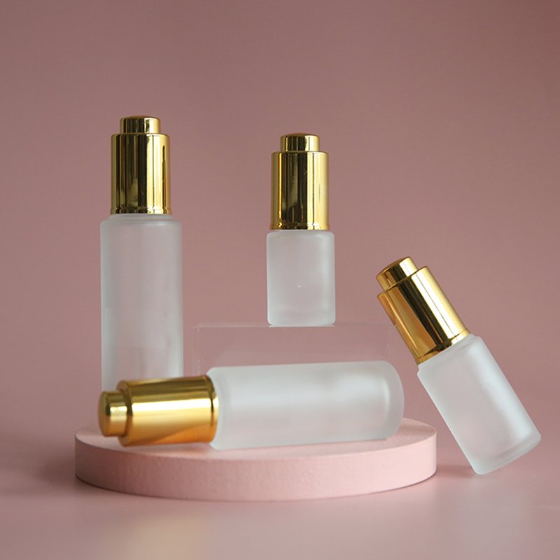 Eco Thick Bottom 30ml Clear Hair Oil Glass Dropper Bottle, 30ml Push Press Top Gold Frosted Glass Serum Bottles!