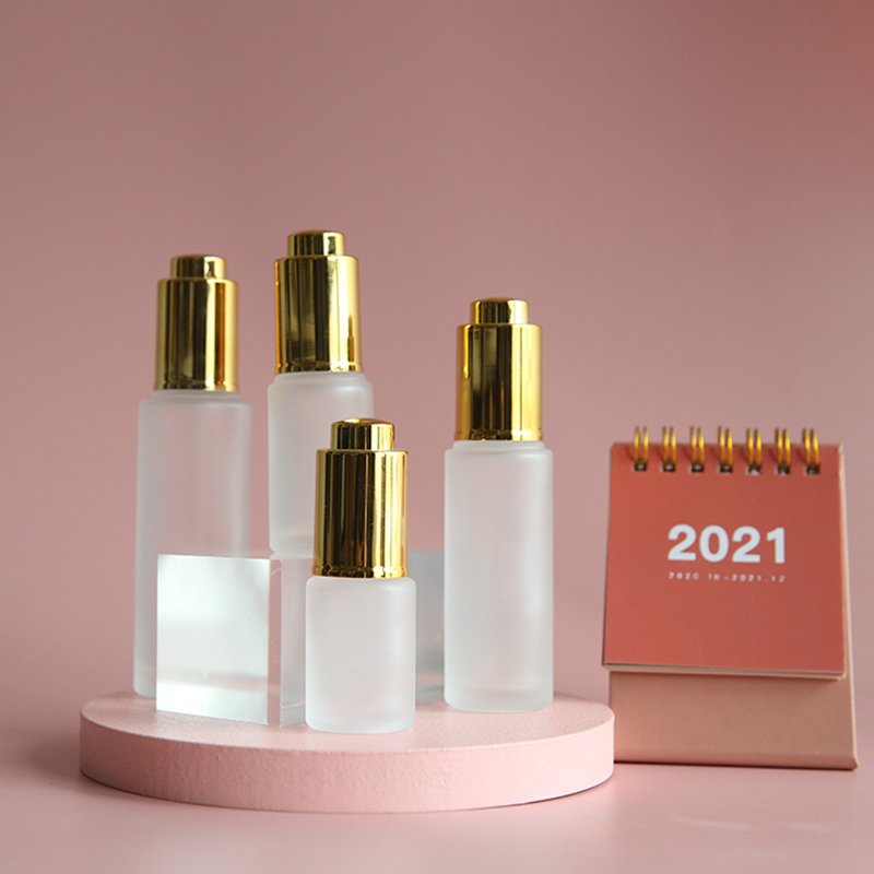 Eco Thick Bottom 30ml Clear Hair Oil Glass Dropper Bottle, 30ml Push Press Top Gold Frosted Glass Serum Bottles!