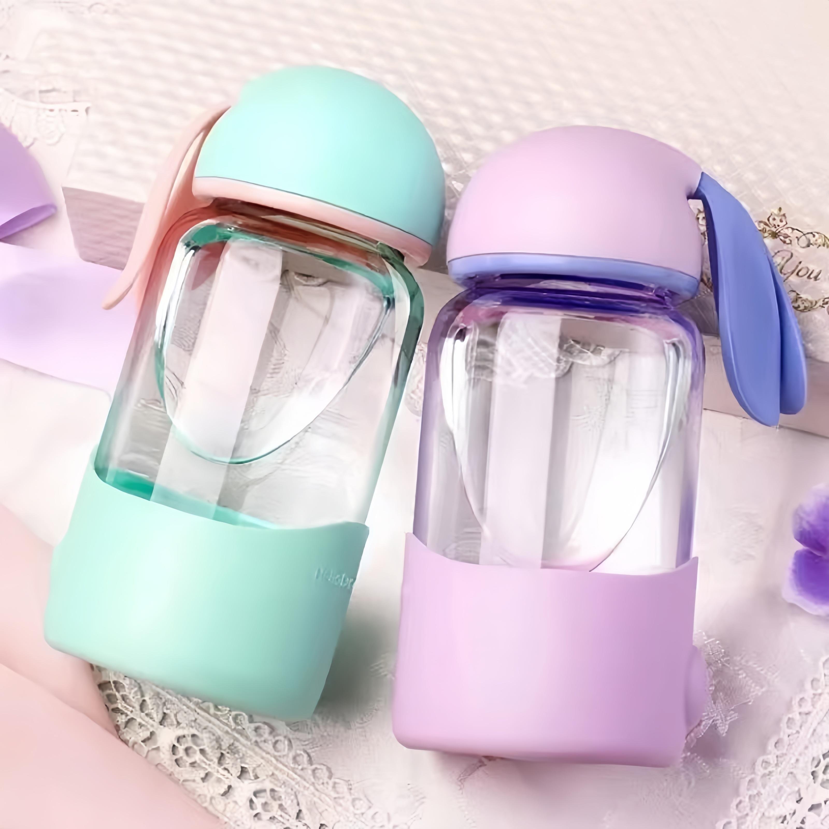 New cute water bottle cartoon rabbit glass bottle glass water bottles with silicone