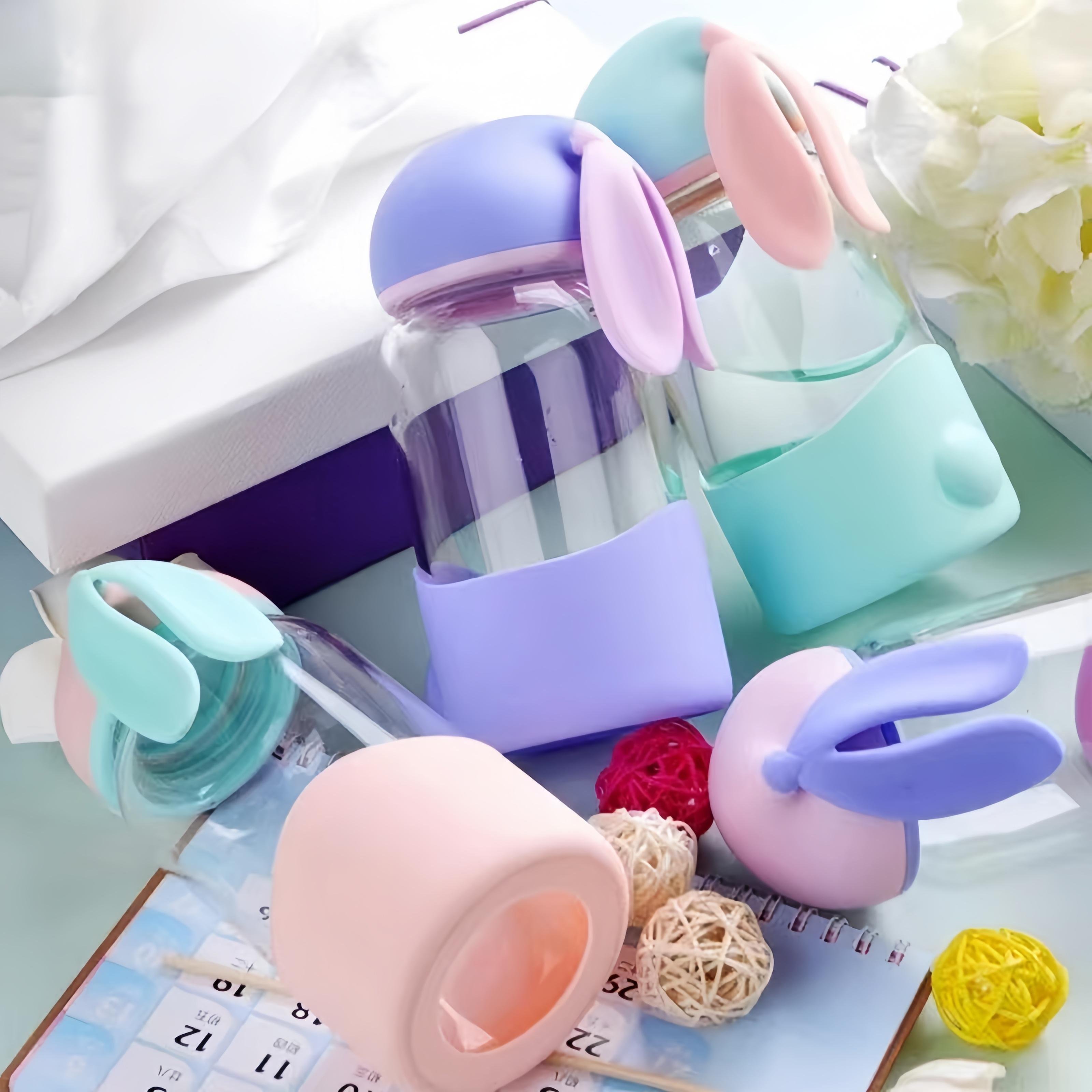 New cute water bottle cartoon rabbit glass bottle glass water bottles with silicone
