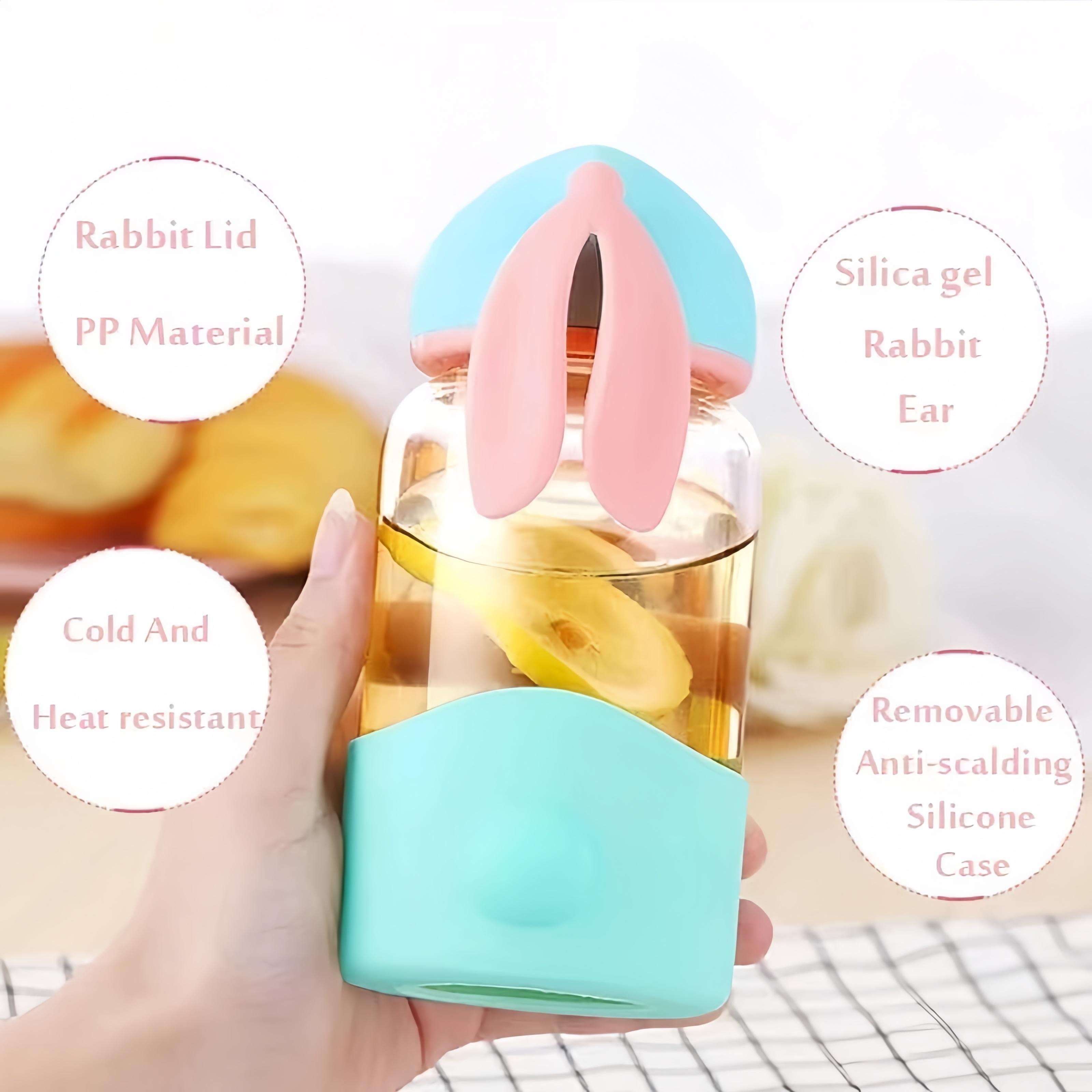 New cute water bottle cartoon rabbit glass bottle glass water bottles with silicone