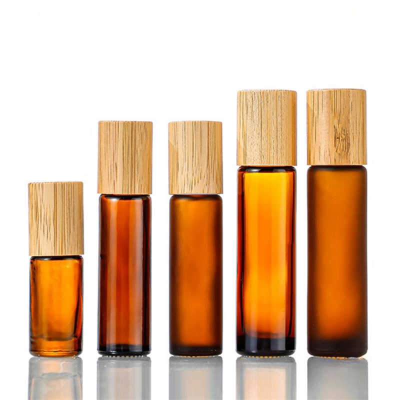 Essential Oil Roll on Glass Bottle Amber with Bamboo Lid and Plastic Steel Roller Cosmetic Hot Stamping Screw Cap 5ml 10ml 15ml