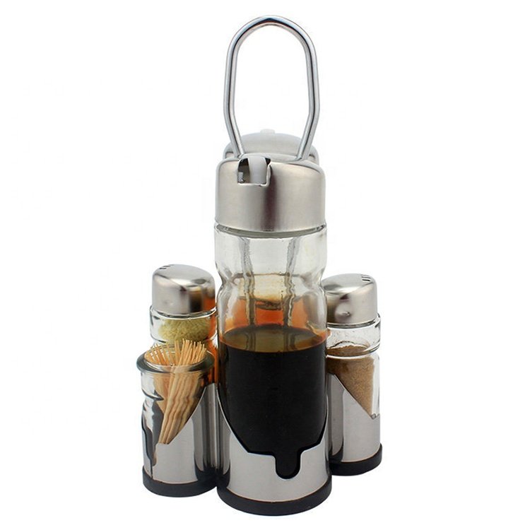Factory Price Huge Stocks Stainless Steel Base Glass Oil Bottle Kitchen Seasoning Jar Set Food Container Glass Bottle