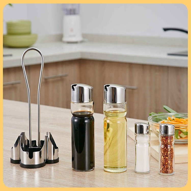 Factory Price Huge Stocks Stainless Steel Base Glass Oil Bottle Kitchen Seasoning Jar Set Food Container Glass Bottle