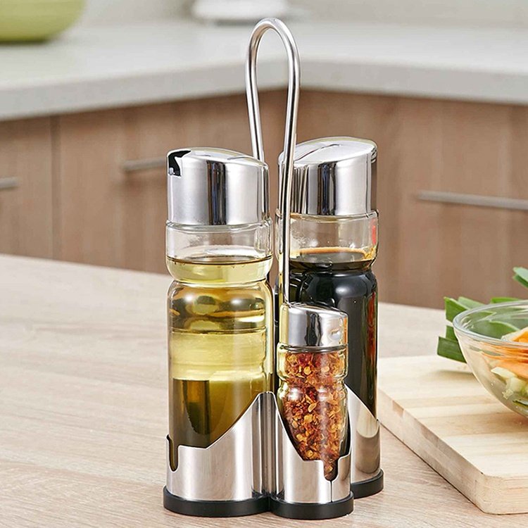 Factory Price Huge Stocks Stainless Steel Base Glass Oil Bottle Kitchen Seasoning Jar Set Food Container Glass Bottle