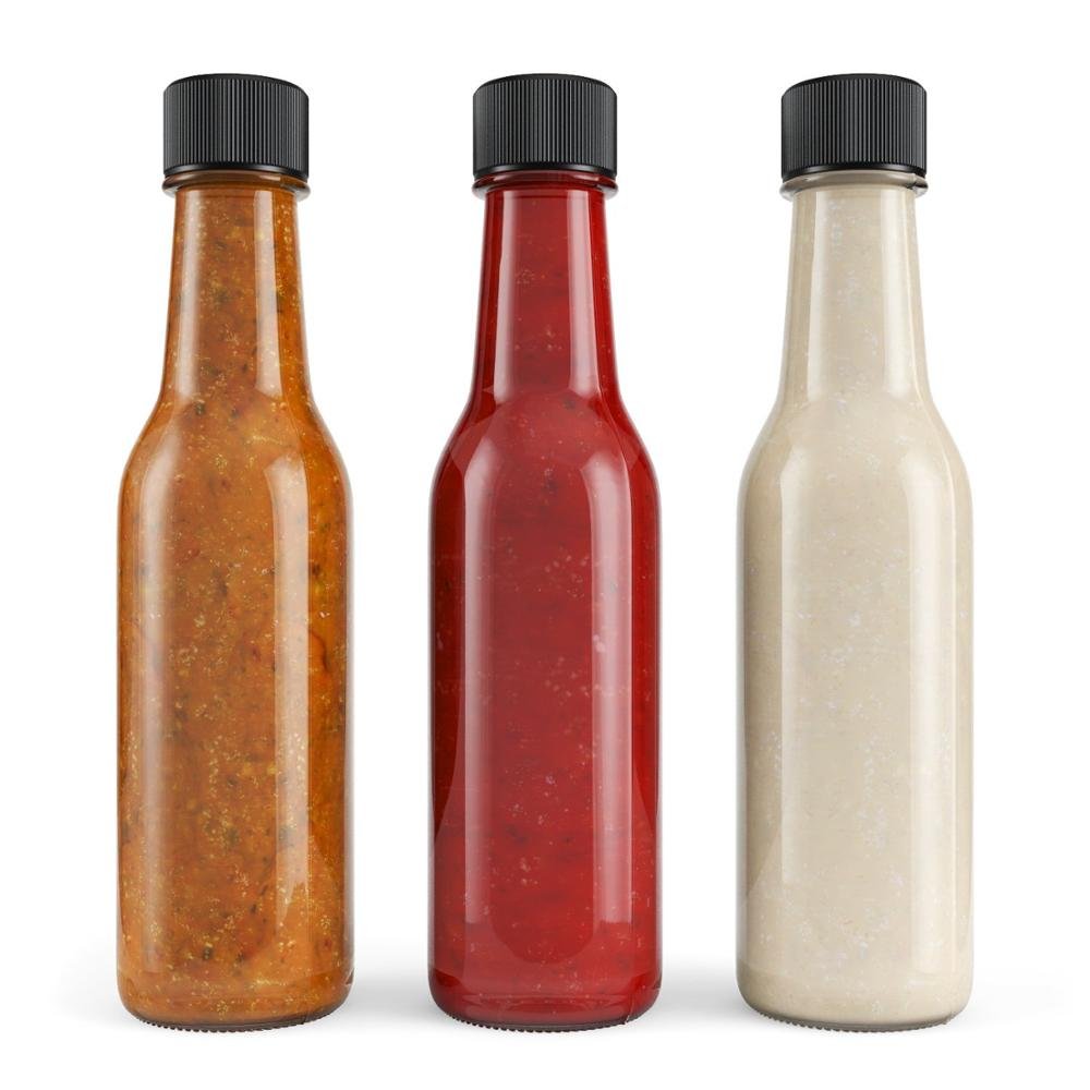 Factory Directly Supply 5 oz Clear Glass Hot Sauce Bottle woozy with Black Cap and Orifice Reducer