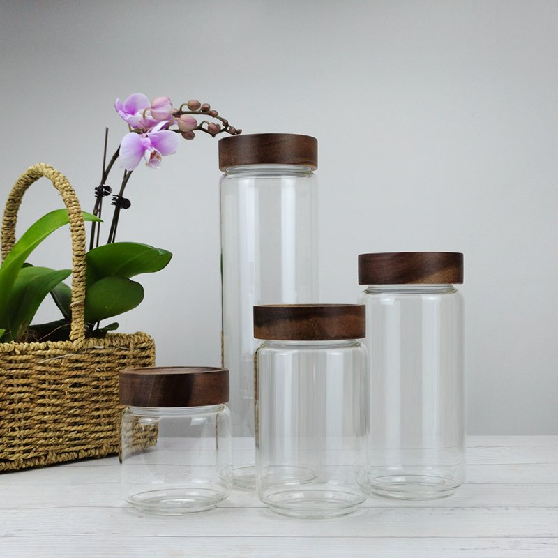 Custom Logo 350ML/500ML/850ML Clear round Glass Jar with Wooden Lid for Spice Storage and Food Including Honey and Jam