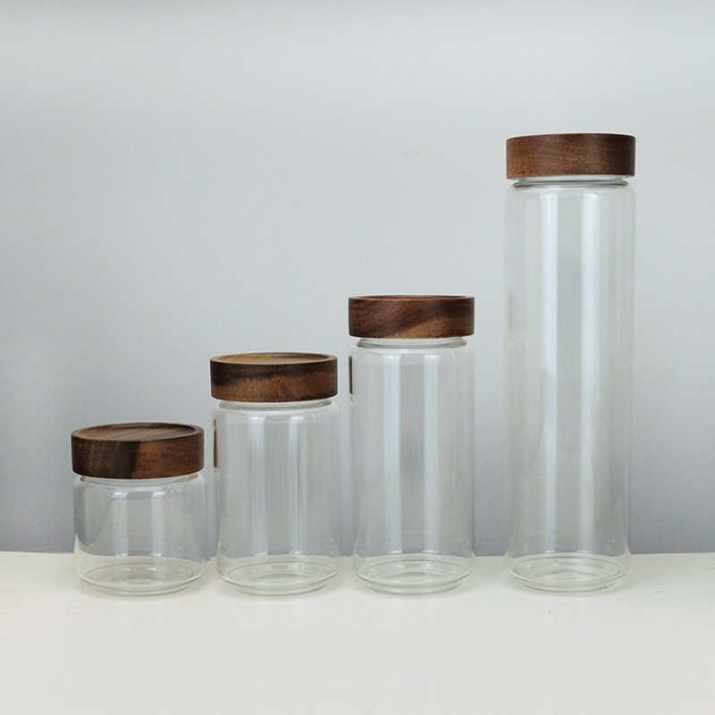 Custom Logo 350ML/500ML/850ML Clear round Glass Jar with Wooden Lid for Spice Storage and Food Including Honey and Jam