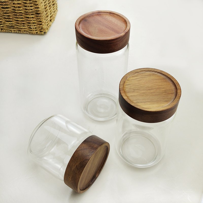 Custom Logo 350ML/500ML/850ML Clear round Glass Jar with Wooden Lid for Spice Storage and Food Including Honey and Jam