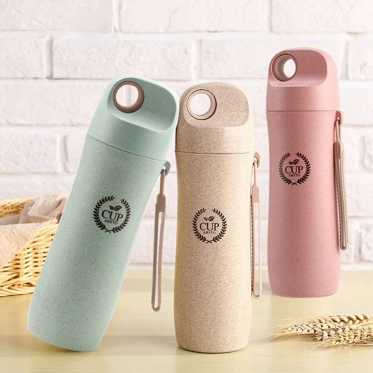 Travel Water Bottle Custom Logo Nice Fancy Eco Friendly Wheat Straw Plastic Sport CLASSIC Unisex Plastic Cup with Lid and Straw