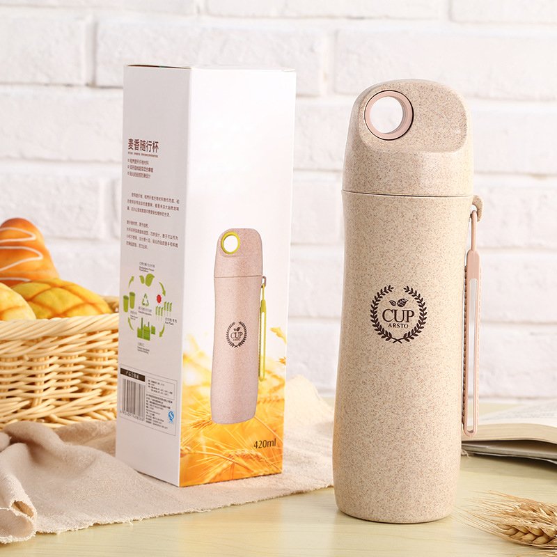 Travel Water Bottle Custom Logo Nice Fancy Eco Friendly Wheat Straw Plastic Sport CLASSIC Unisex Plastic Cup with Lid and Straw