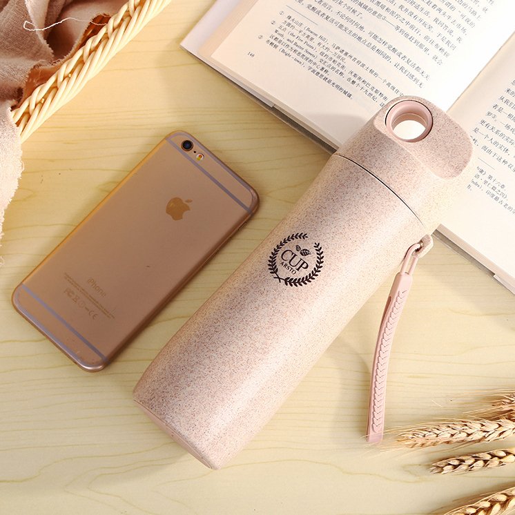 Travel Water Bottle Custom Logo Nice Fancy Eco Friendly Wheat Straw Plastic Sport CLASSIC Unisex Plastic Cup with Lid and Straw