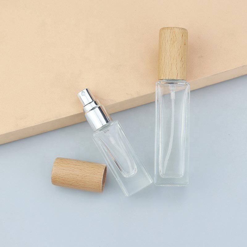 Empty Refillable 5ml Clear Frosted Small Square Travel Sized Perfume Spray Glass Bottle With Wooden Caps