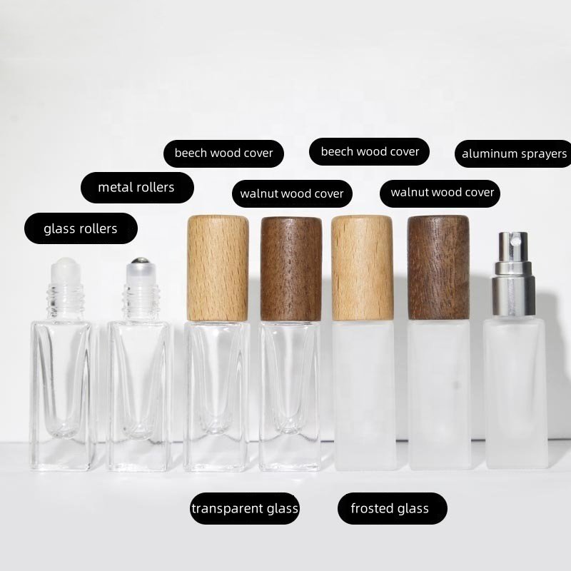 Empty Refillable 5ml Clear Frosted Small Square Travel Sized Perfume Spray Glass Bottle With Wooden Caps