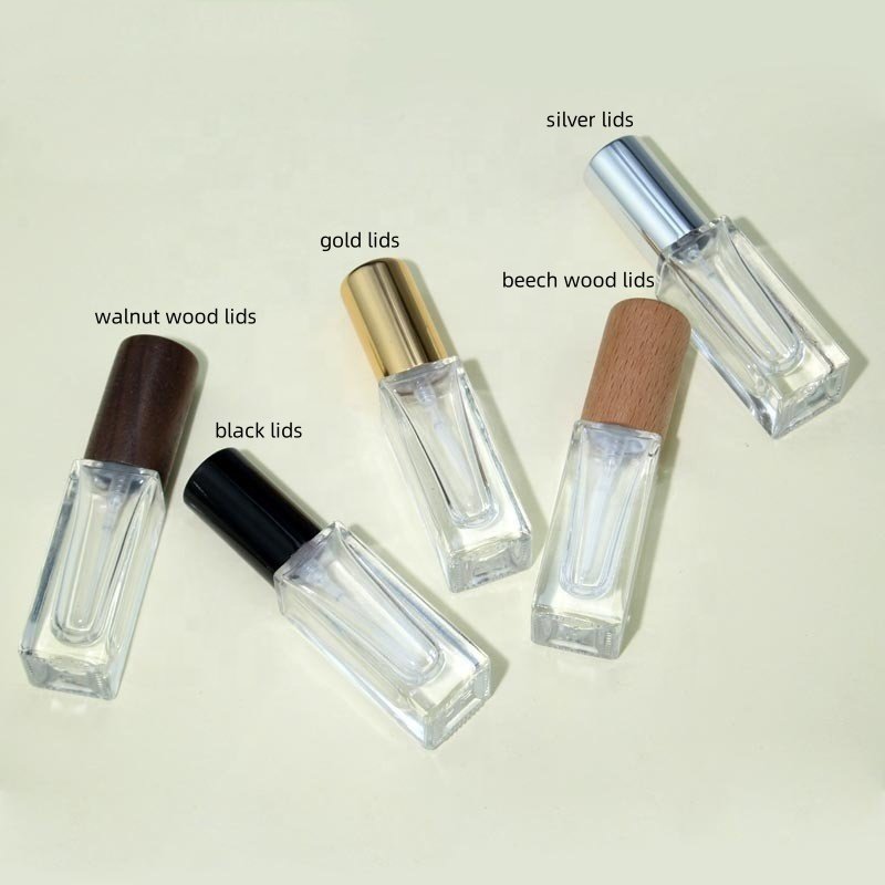 Empty Refillable 5ml Clear Frosted Small Square Travel Sized Perfume Spray Glass Bottle With Wooden Caps