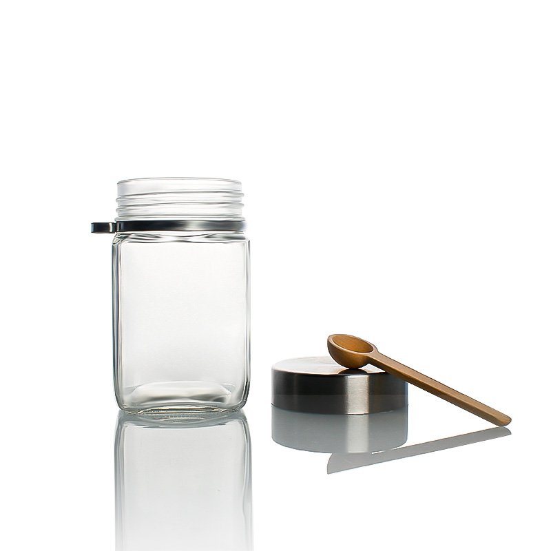 Newest 320ml sealable nuts candy dried fruit spice canned food square glass jar with screw metal lid