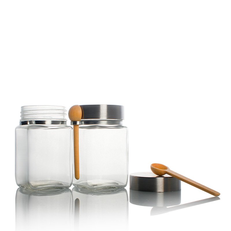 Newest 320ml sealable nuts candy dried fruit spice canned food square glass jar with screw metal lid