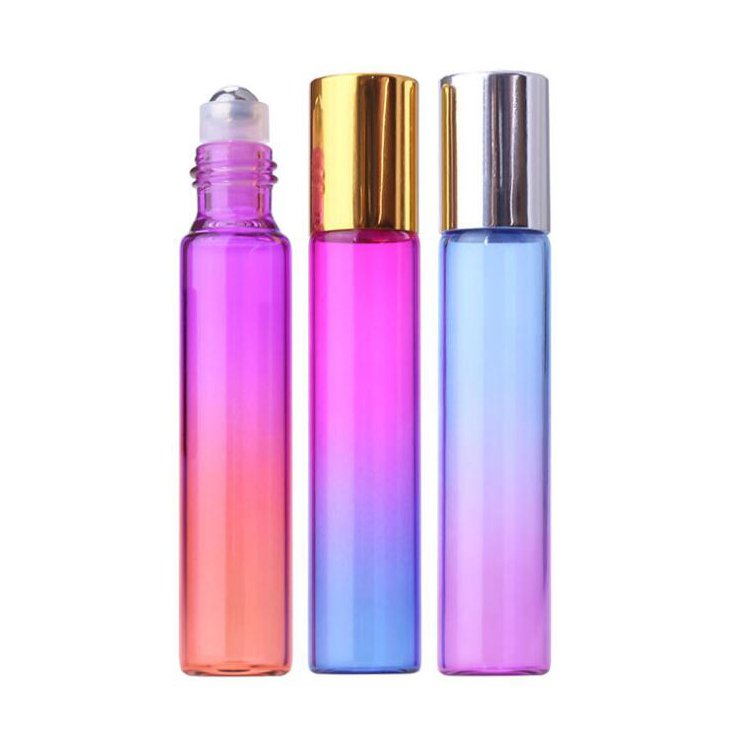 10ml gradient portable empty cosmetic package glass deodorant metal roller ball aluminum perfume glass bottle with rope on sale