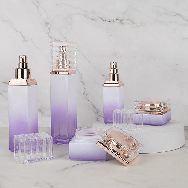 Luxury Empty Skincare Cream Jar Bottle Set 120ml 100ml 40ml rectangular glass bottle with uv pump and clear cover cosmetic bottles