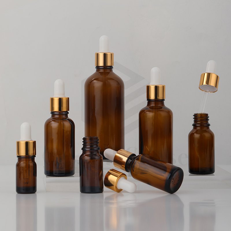 Hair Oil Glass Bottle Brown Glass Essential Oil Bottle Amber Empty Glass Bottles with Aluminium Gold Dropper