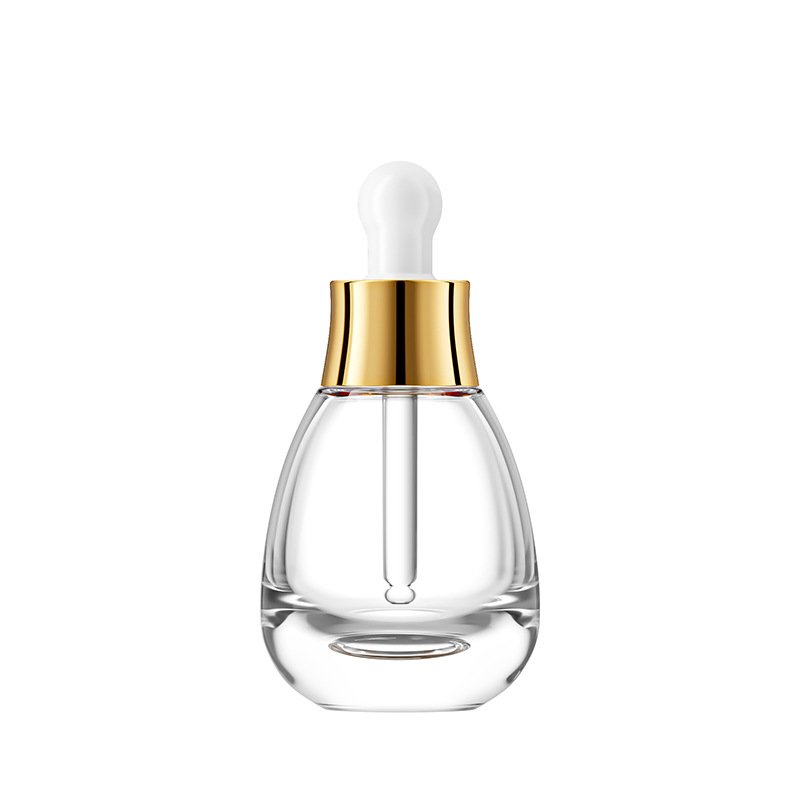 luxury unique 1oz thickened bottom press dropper essential oil portable cosmetic package empty glass bottle with gold silver cap