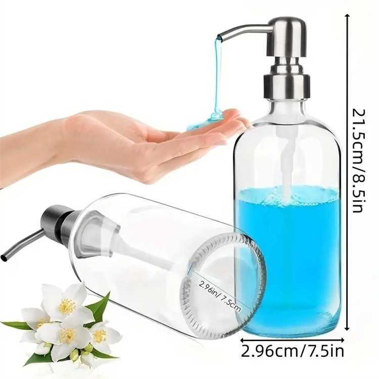 Screen Printed 250ml 500ml 304 Stainless Steel Glass Bottle Boston Round Glass Liquid Soap Dispenser Pump Bottle For Cosmetic