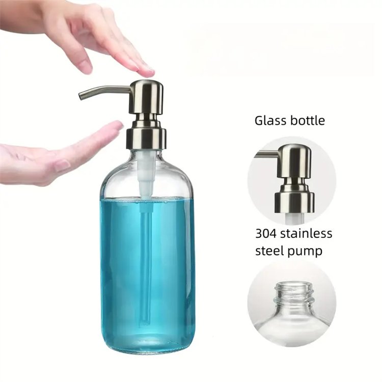 Screen Printed 250ml 500ml 304 Stainless Steel Glass Bottle Boston Round Glass Liquid Soap Dispenser Pump Bottle For Cosmetic