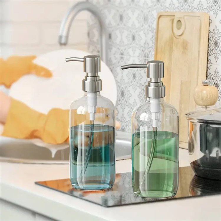 Screen Printed 250ml 500ml 304 Stainless Steel Glass Bottle Boston Round Glass Liquid Soap Dispenser Pump Bottle For Cosmetic
