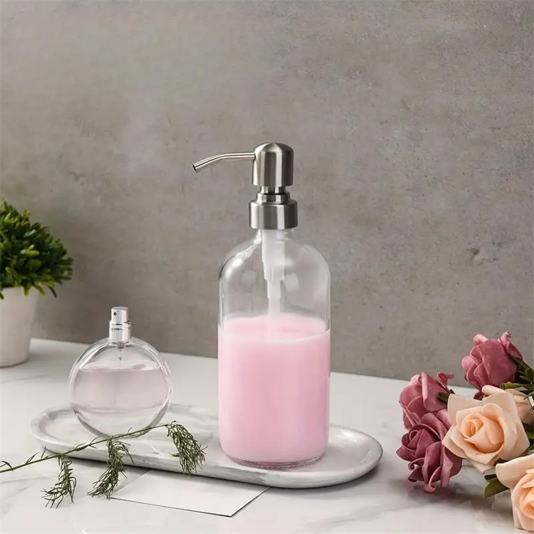 Screen Printed 250ml 500ml 304 Stainless Steel Glass Bottle Boston Round Glass Liquid Soap Dispenser Pump Bottle For Cosmetic