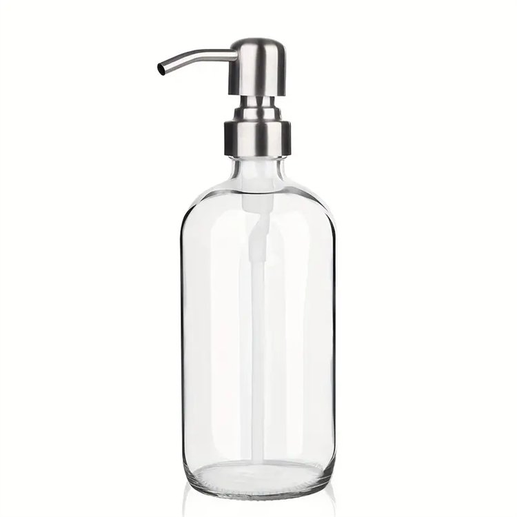 Screen Printed 250ml 500ml 304 Stainless Steel Glass Bottle Boston Round Glass Liquid Soap Dispenser Pump Bottle For Cosmetic