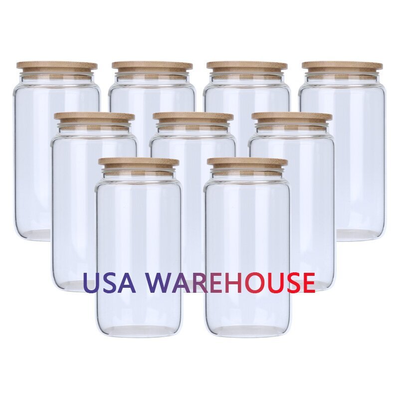 USA Warehouse 12oz 16oz 20oz 25oz Sublimation Blanks Frosted Clear Beer Glass Can Cups with Bamboo Lid and Straw
