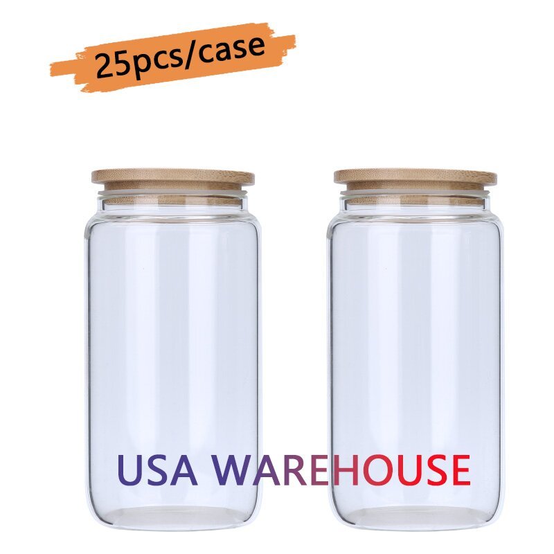 USA Warehouse 12oz 16oz 20oz 25oz Sublimation Blanks Frosted Clear Beer Glass Can Cups with Bamboo Lid and Straw