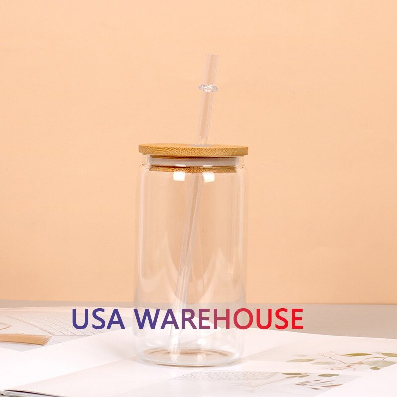 USA Warehouse 12oz 16oz 20oz 25oz Sublimation Blanks Frosted Clear Beer Glass Can Cups with Bamboo Lid and Straw