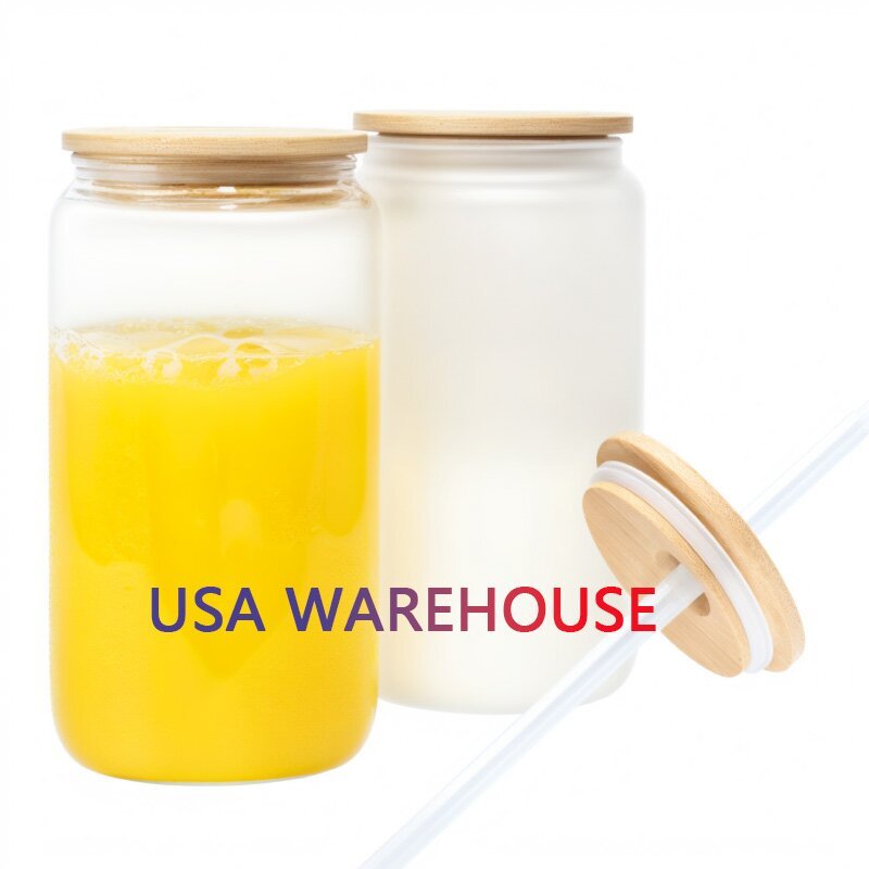 USA Warehouse 12oz 16oz 20oz 25oz Sublimation Blanks Frosted Clear Beer Glass Can Cups with Bamboo Lid and Straw