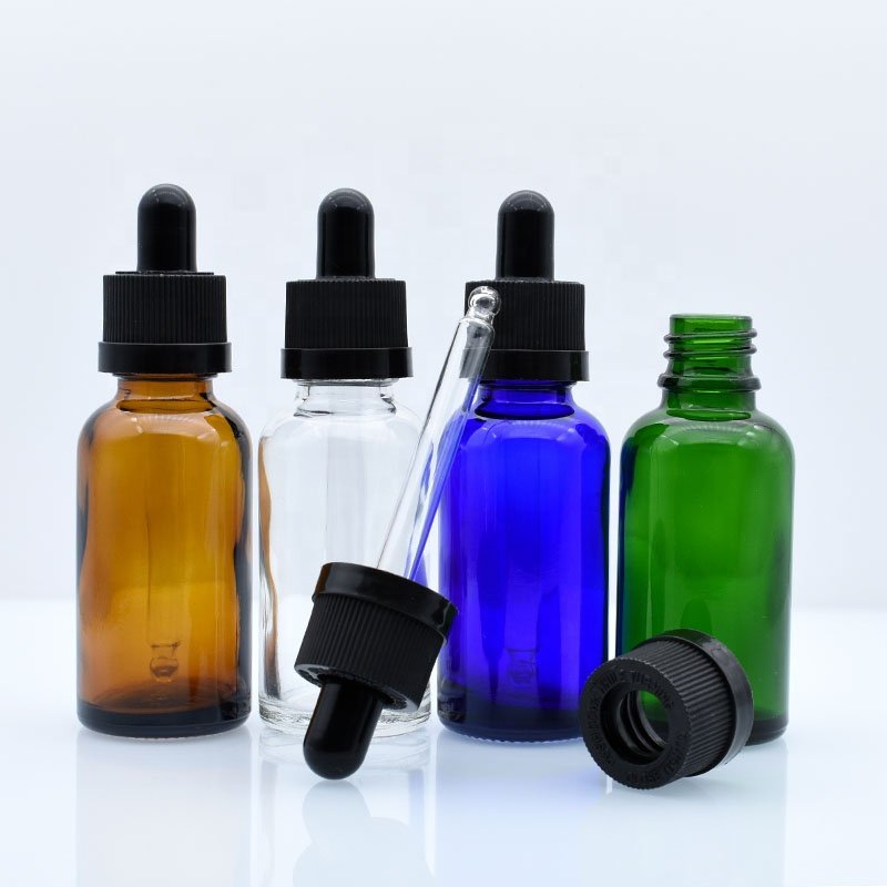 Perfume Cosmetic Bottle 5ml 10ml 15ml 20ml 30ml 50ml 100ml Clear Green Blue Amber Glass Dropper Bottle With Black Childproof Lid