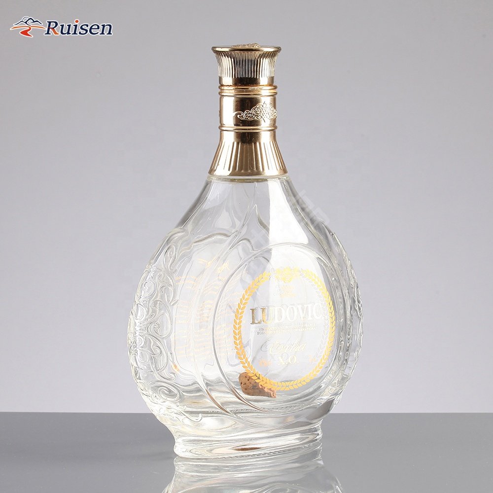 Custom Embossed Glass Vodka Bottle 750ML Flat Round Vodka With Crown Cap