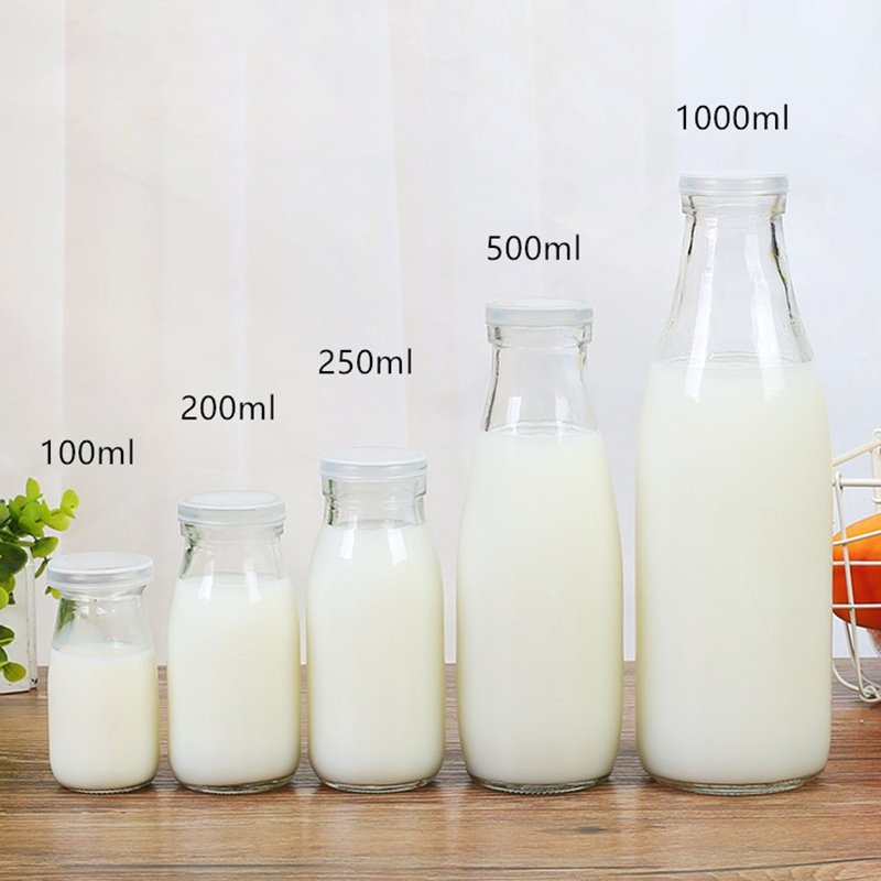 High Quality 1L Clear Glass Milk Yogurt Drink Bottle with Tinplate Lid Flat Shape Water Juice Packing with Screw cap