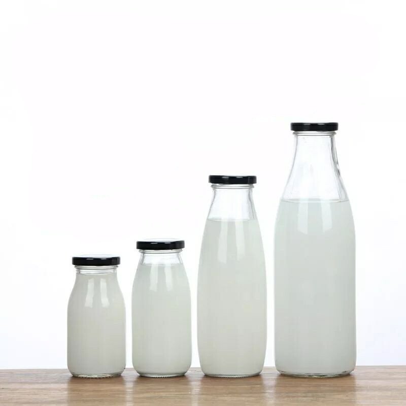 High Quality 1L Clear Glass Milk Yogurt Drink Bottle with Tinplate Lid Flat Shape Water Juice Packing with Screw cap