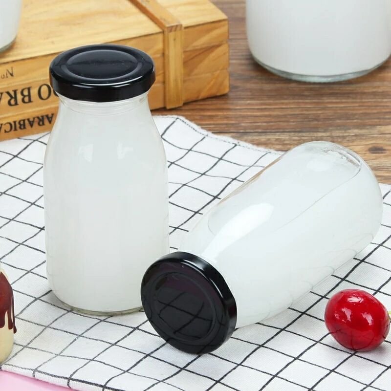 High Quality 1L Clear Glass Milk Yogurt Drink Bottle with Tinplate Lid Flat Shape Water Juice Packing with Screw cap