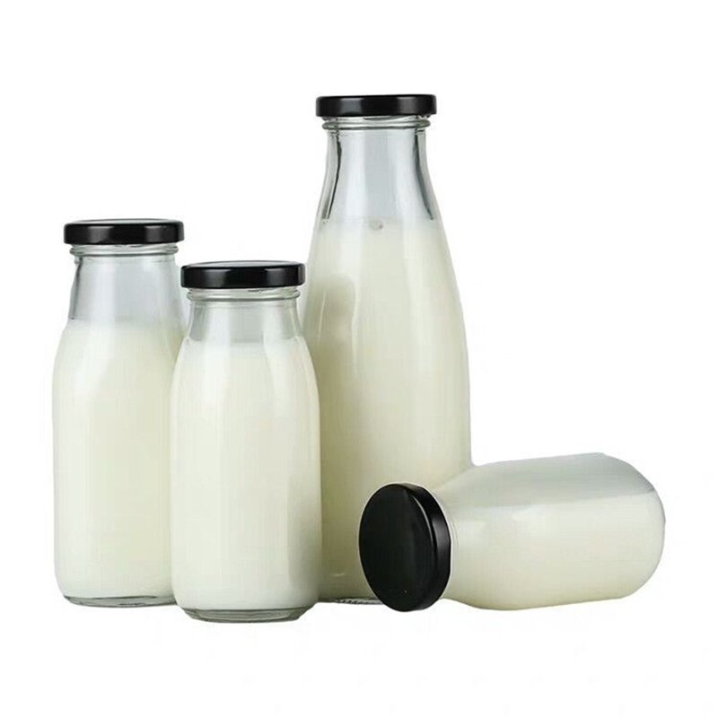 High Quality 1L Clear Glass Milk Yogurt Drink Bottle with Tinplate Lid Flat Shape Water Juice Packing with Screw cap