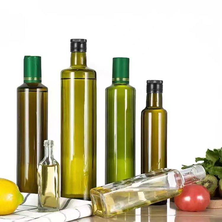 Customized circular square glass oil bottle 100ml 250ml 500ml 750ml dark green edible olive oil bottle