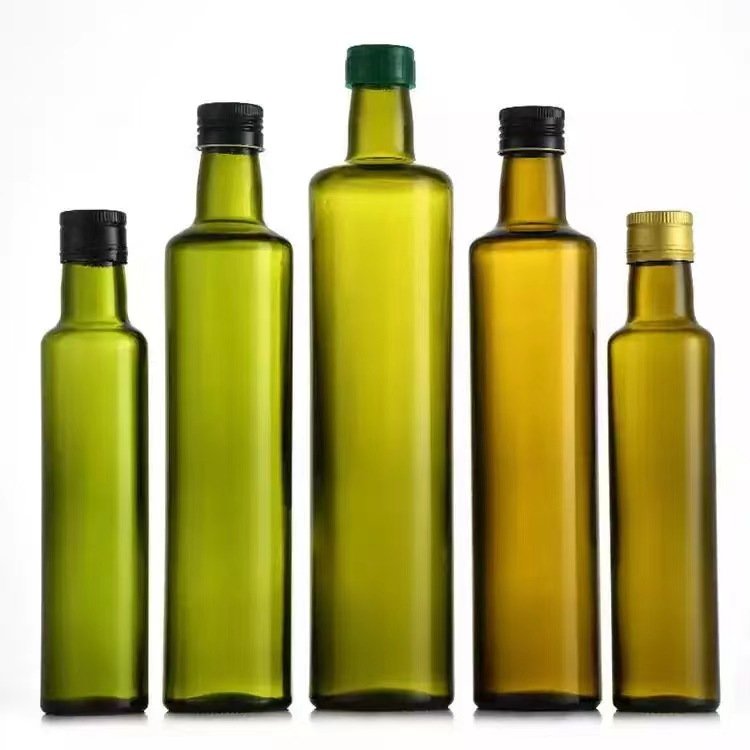 Customized circular square glass oil bottle 100ml 250ml 500ml 750ml dark green edible olive oil bottle