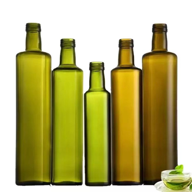 Customized circular square glass oil bottle 100ml 250ml 500ml 750ml dark green edible olive oil bottle