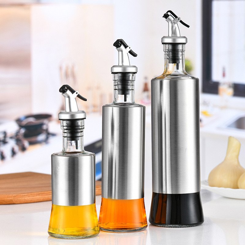 2024 Glass Vinaigrette Kitchen Stainless Steel Leakproof Seasoning Bottle Household Set