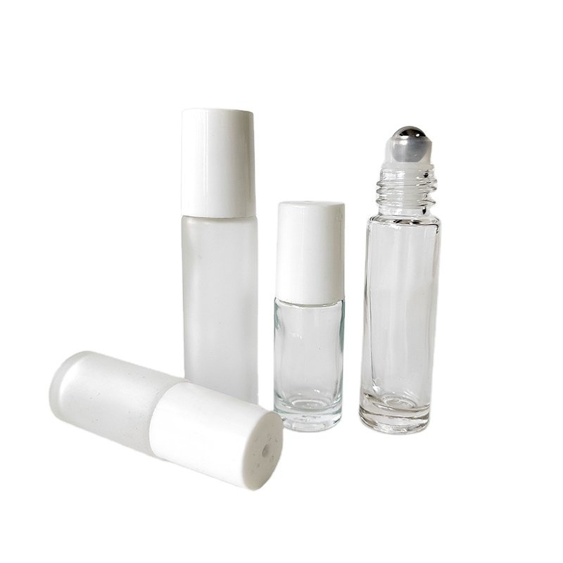 Essential oils roller bottle 5ml 10ml clear frosted glass roll on glass bottle with steel roller and screw white cap