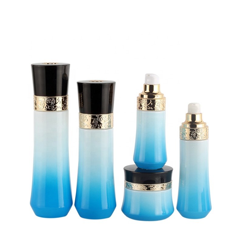 Custom Gradient Blue and White Skin Care Glass Bottle Packaging 100ML Set Cream Glass Bottle Pump 40Ml